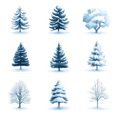 Obraz premium Snow-Covered Tree Icons Set, Winter Forest Elements
