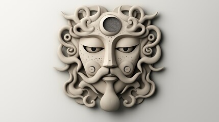 Intricate 3D-rendered face made of swirling, ribbon-like forms with a central circular element, evoking a mythical or artistic theme in monochrome colors.
