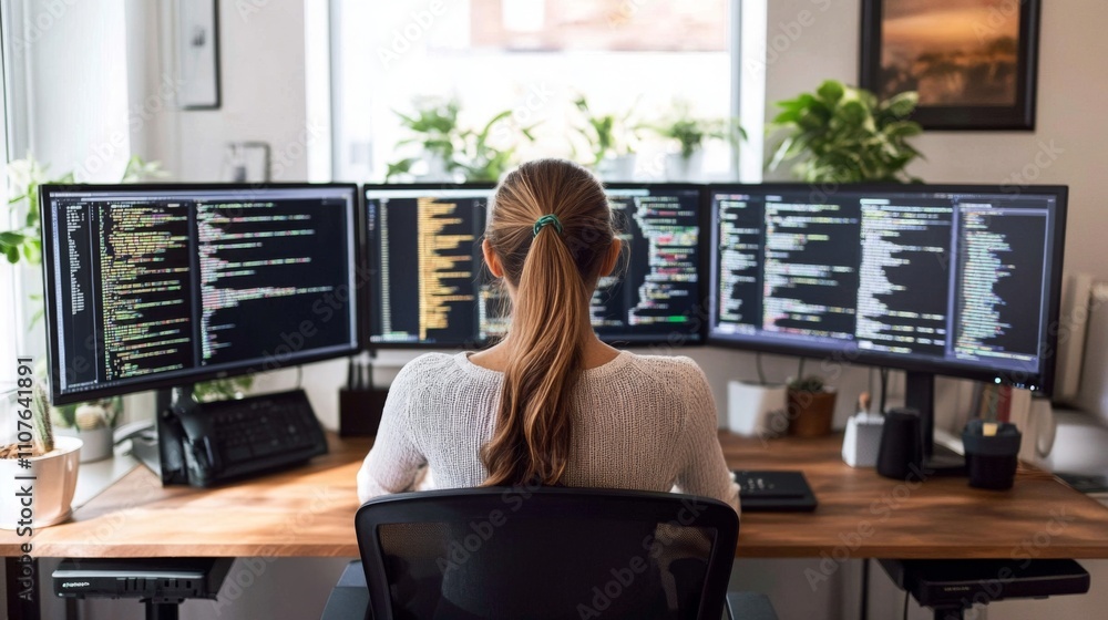 Fototapete A woman is seated at a multi-monitor setup in a modern office adorned with plants. She is focused on coding, with vibrant lines of code displayed on her screens, demonstrating her tech expertise.