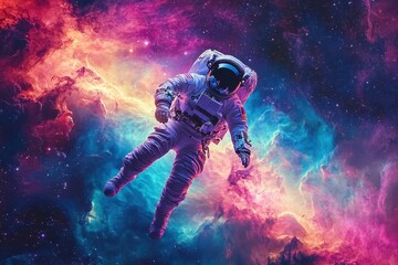 Obraz premium Lone astronaut drifting in a vivid cosmic nebula of swirling colors and stars, capturing the wonder of space exploration