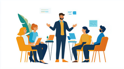 A businessperson delivering an inspiring speech or presentation to a small group or team. 