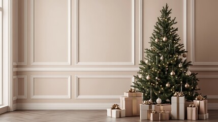 Fototapeta premium Christmas gift boxes arranged around decorated fir tree in warm holiday room
