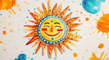 Happy sun ceramic art with watercolor splatters.