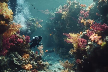 Fototapeta premium Underwater adventure with a scuba diver exploring vibrant coral reefs and tropical fish in crystal-clear ocean waters