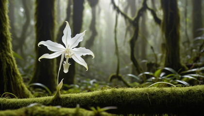 Ghost Orchid Flower in Its Enchanting Forest Habitat, A Rare and Mystical Bloom.