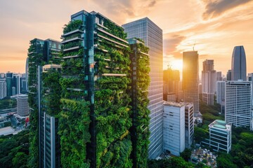 Fototapeta premium Sustainable modern building covered in lush greenery amidst a vibrant city skyline during a warm golden sunset