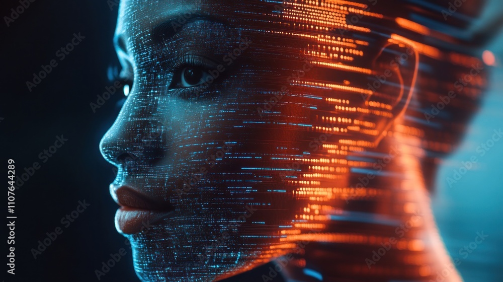 Poster a digital portrait blending human features with abstract data streams.