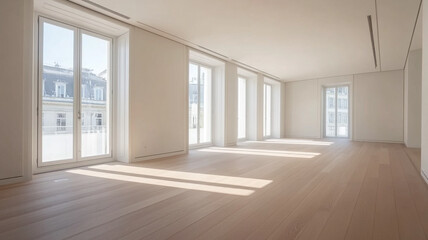 Obraz premium Empty room with a light wood floor and large windows