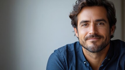 Fototapeta premium A smiling man with curly hair, wearing a blue shirt, posing against a neutral background.