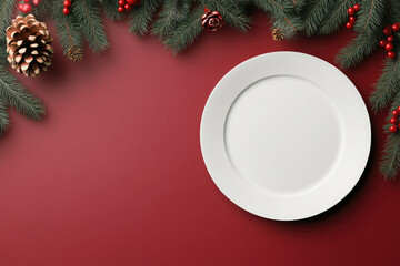 Setting the perfect new year's table christmas background with an empty plate and festive decorations for a cozy holiday dinner