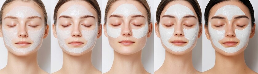 Glowing Skin. Series of five images showing a woman with a facial mask, highlighting relaxation, beauty routine, and self-care.