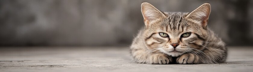 Fototapeta premium A calm cat rests with its head lowered, gazing intently, blending beautifully with the neutral background.
