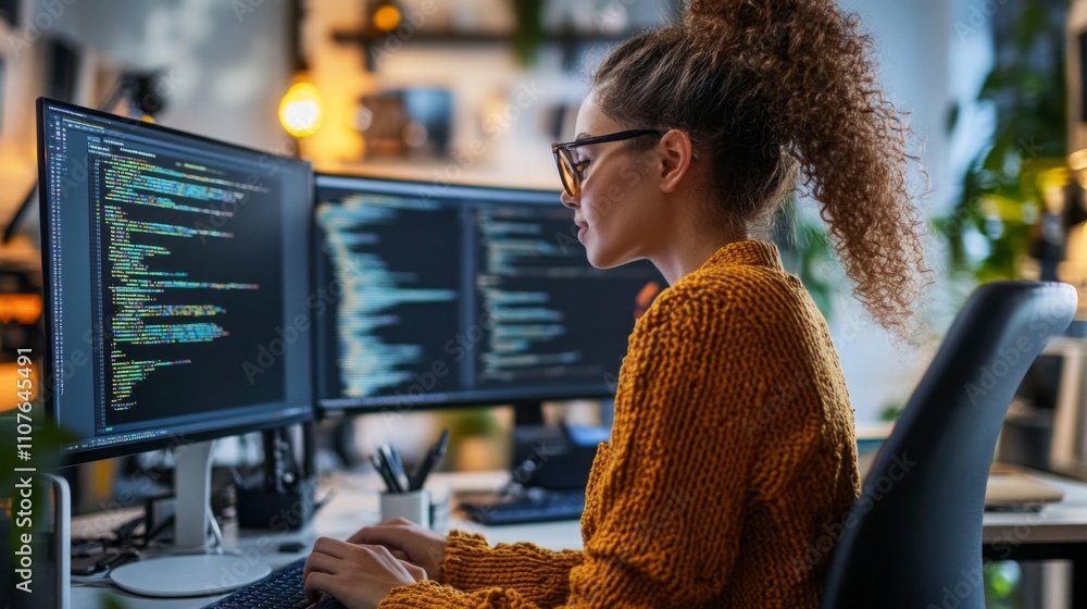 Poster A focused woman sits at a desk in a well-lit office, coding on multiple computer monitors surrounded by greenery. The warm ambiance and her intense concentration enhance the creative environment.