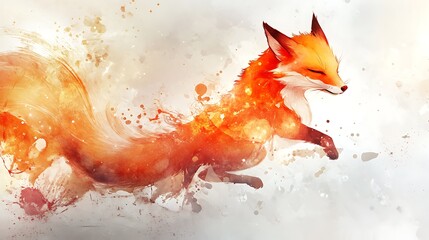 Fiery fox leaping, watercolor style.