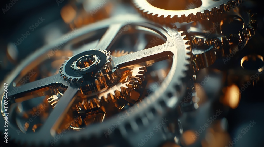 Poster intricate mechanisms of gears industrial workshop macro dimly lit environment close-up view engineer