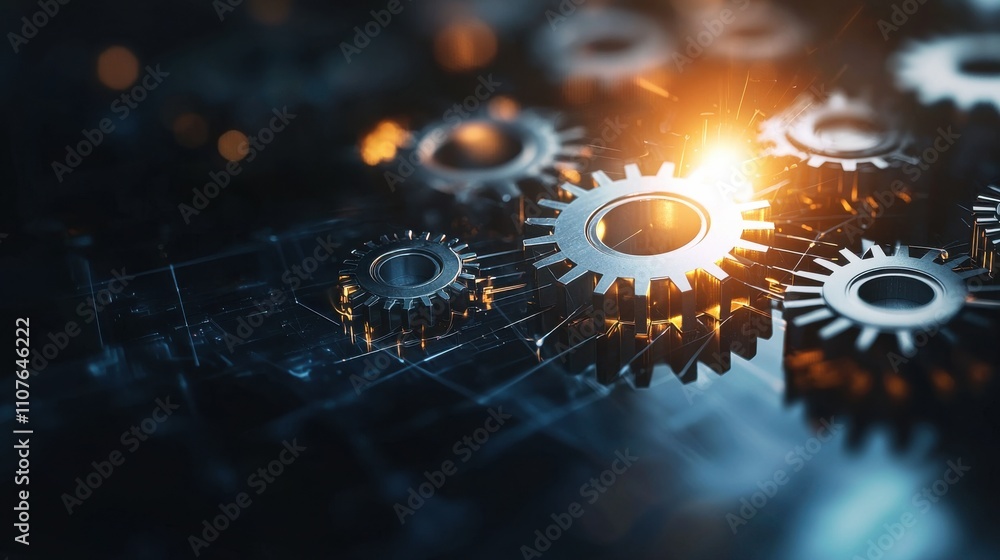 Poster mechanical innovation gears in motion industrial setting digital art high-tech environment close-up 