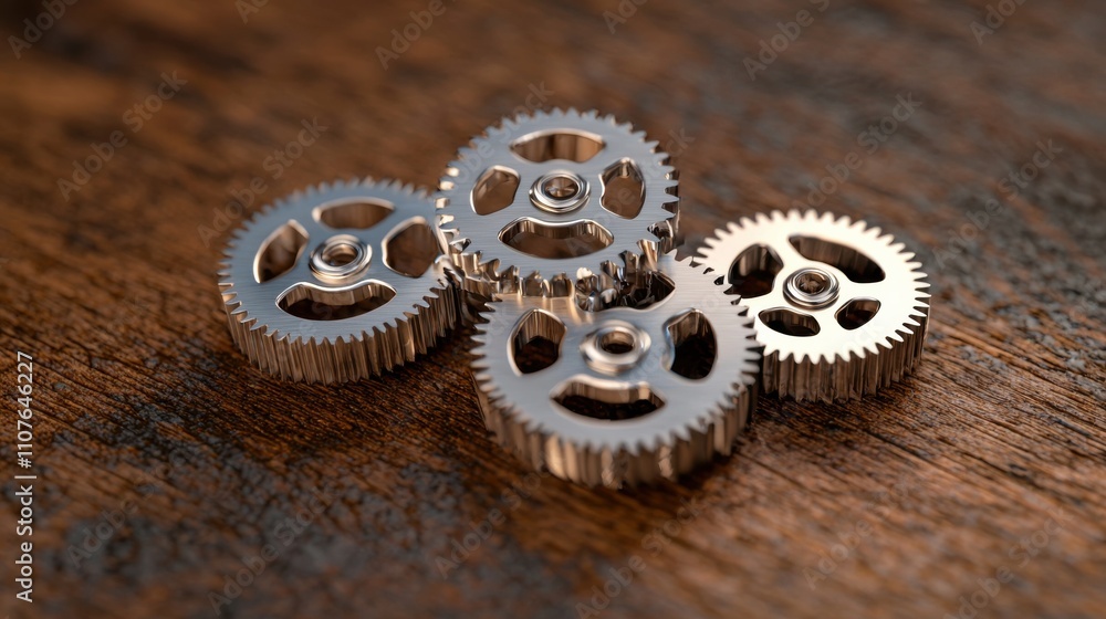 Poster mechanical precision gear engineering showcase workshop technical industrial setting close-up view i
