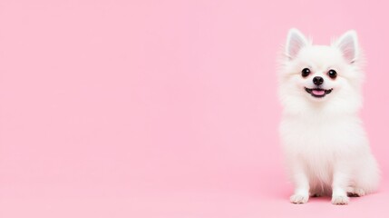 Obraz premium A fluffy white dog sits happily against a soft pink background, showcasing its playful personality and charming features.