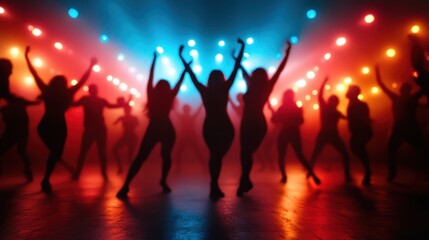 Silhouetted dancers striking dynamic poses are framed by sweeping, vibrant blue and red lights,...