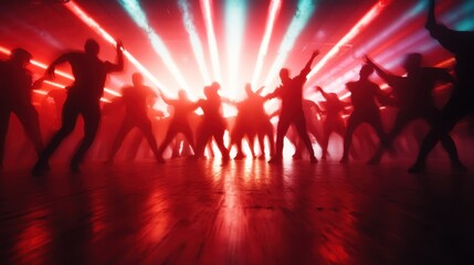 A vibrant scene of silhouetted dancers energetically moving under a canopy of red and blue laser...