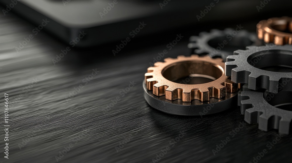 Poster mechanical components in focus industrial workspace macro dark background close-up view precision en