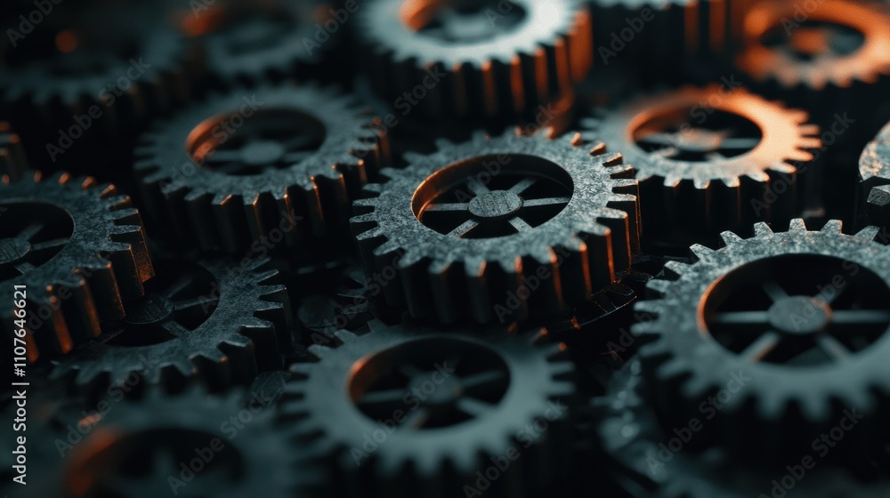 Poster industrial gears close-up workshop dimly lit environment macro view mechanical concepts for engineer