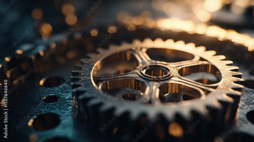 Poster intricate gears in motion industrial setting close-up metallic environment artistic viewpoint mechan