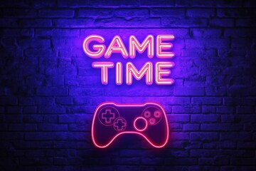 Neon game and time Sign with Retro Pixel Art Game Controller