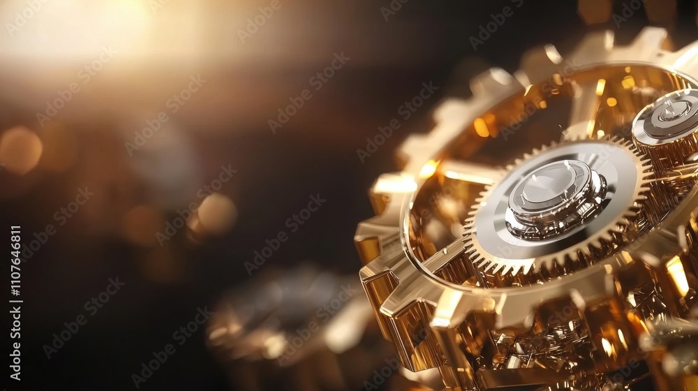 Poster intricate golden gears in motion industrial setting close-up modern environment abstract conceptuali