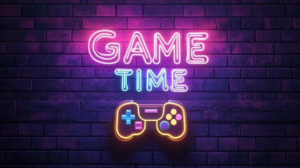 Neon game and time Sign with Retro Pixel Art Game Controller