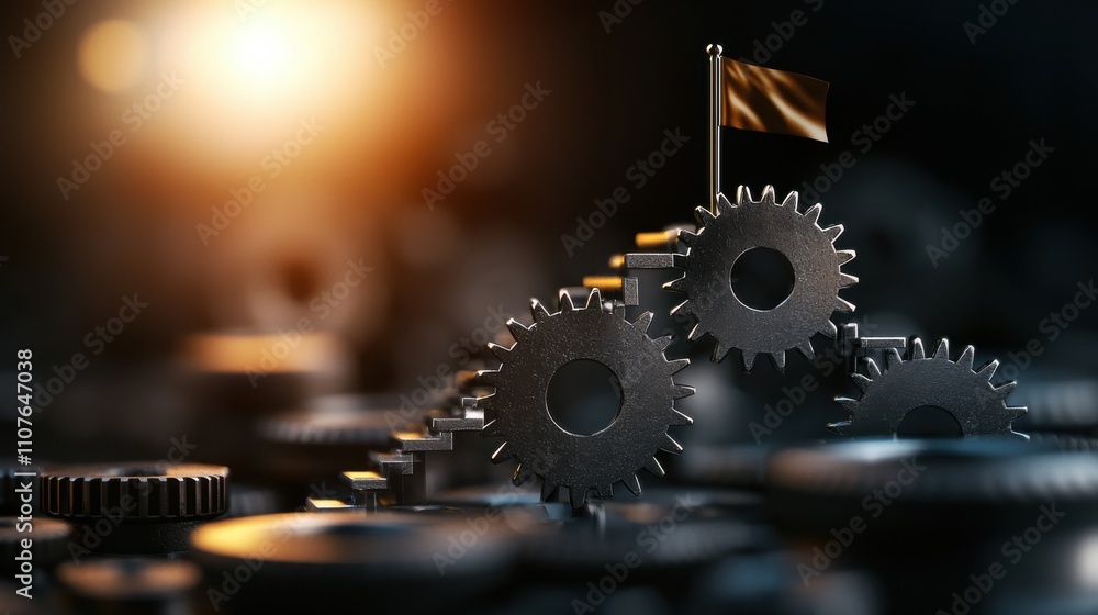 Poster mechanical gears in motion industrial workshop digital art dynamic setting close-up view innovation 