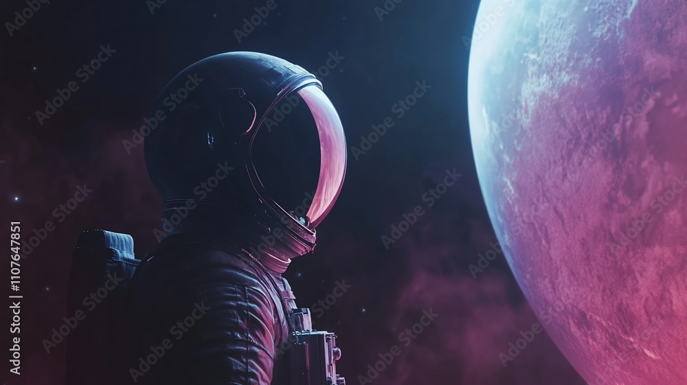 Aufkleber astronaut in space suit gazing at a distant planet, illuminated by a neon glow.