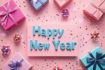 Colorful New Year decorations featuring gifts, confetti, and a cheerful message celebrating the arrival of the New Year.