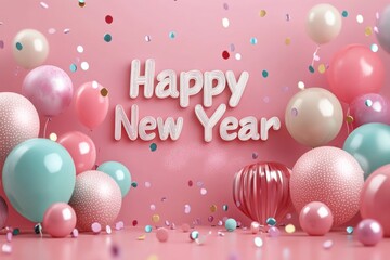 Festive scene with colorful balloons and confetti, celebrating the New Year in a cheerful, pink backdrop.