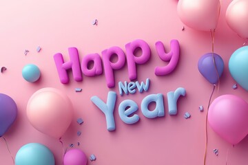 Colorful "Happy New Year" text with balloons against a pink background, celebrating the festive occasion.
