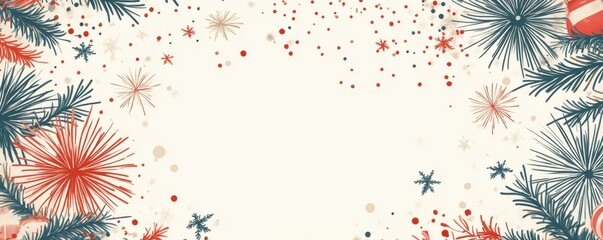 A festive, decorative background featuring colorful pine branches, snowflakes, and confetti, perfect for holiday-themed designs or greetings.