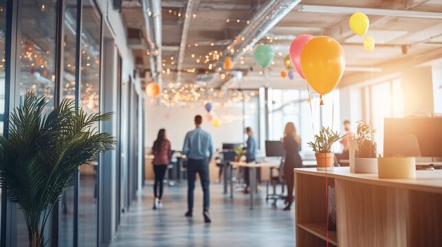 Visualization of a work anniversary event with focus on team engagement, decorated office space, and recognition of the employee contributions