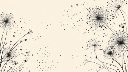 A delicate black and white illustration featuring floral designs with intricate details and scattered elements, creating an elegant and whimsical atmosphere.