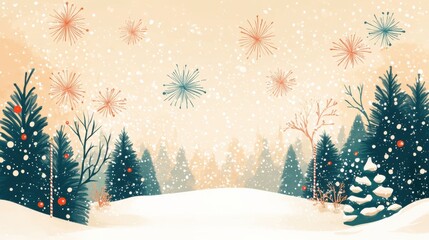 A serene winter landscape featuring snow-covered trees and falling snowflakes, creating a peaceful and festive atmosphere.