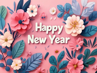 A vibrant floral design featuring "Happy New Year" text on a pink background, celebrating the new year with colorful flowers and leaves.
