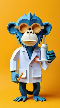 A cartoon monkey in a lab coat holding a test tube, symbolizing science and research.