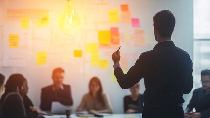 Image of a businessman leading a team in a brainstorming session with focus on leadership, creativity, and effective communication