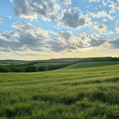 Obraz premium A lush green field bathed in soft sunlight with the sky above glowing with scattered white clouds --ar 23 --style raw