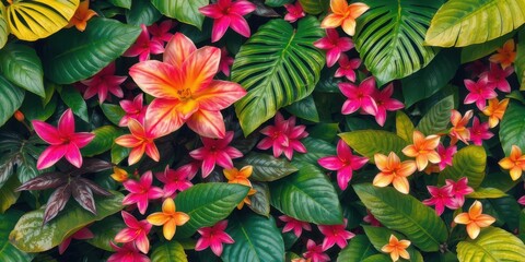 Vibrant tropical leaves and flowers in vivid shades of green, pink, and yellow, creating a lush and colorful jungle scene, tropical