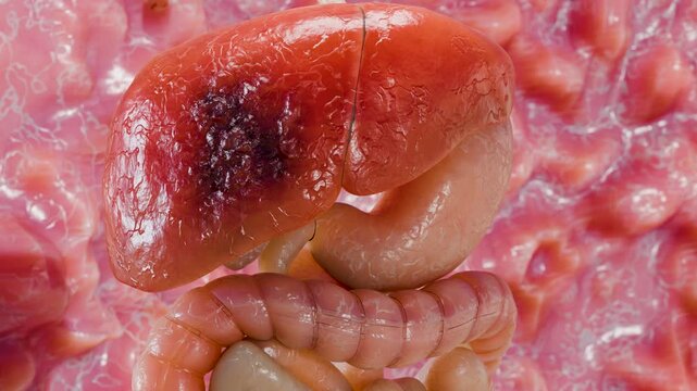 Digestive Organ Liver Cancer, Hepatitis cirrhosis malignant tumor, Hepatic failure, growing cells, duplicating, Fibrosis, Cirrhosis, Hepatocellular carcinoma, Virus infected liver, Human, 3d render