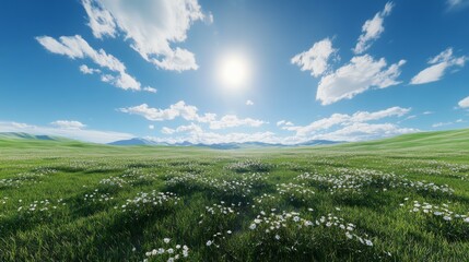 Long green valley, flawless clear sky and clouds, landscape photo