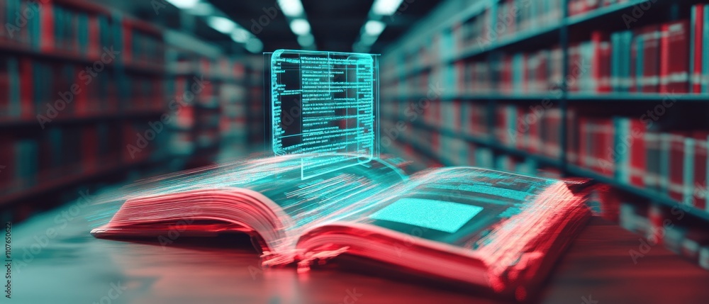Poster an open book with digital data above it, set in a library environment.