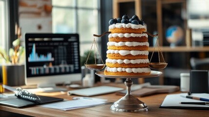 Obraz premium A dessert tower resembling a balance scale, placed on a business desk with nearby tools of trade and financial analysis
