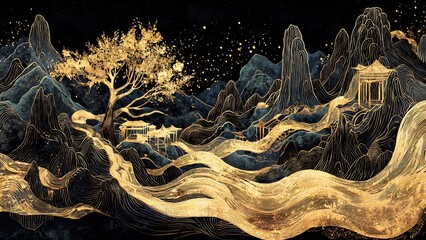 Traditional Chinese landscape painting with black gold theme