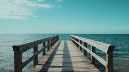 Obraz premium Wooden Bridge Over Calm Ocean with Clear Sky Backdrop